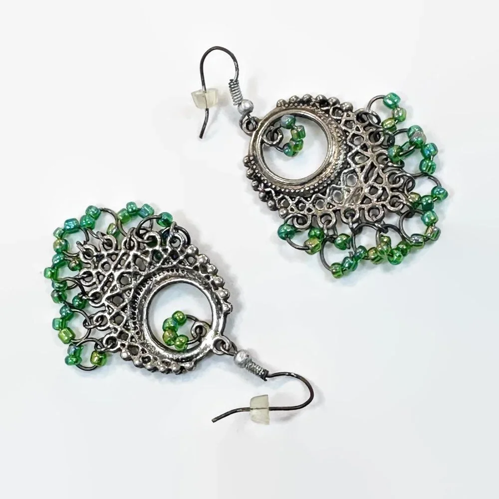 Boho Dangle Earrings: Iridescent Green Glass Beads, Silver Tone